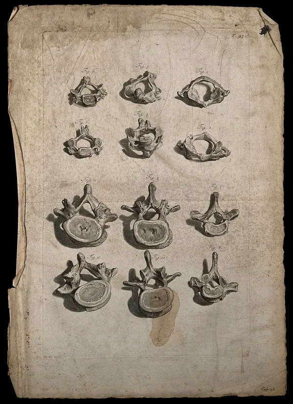 Engraved plate of human vertebrae from the neck, chest and lower back